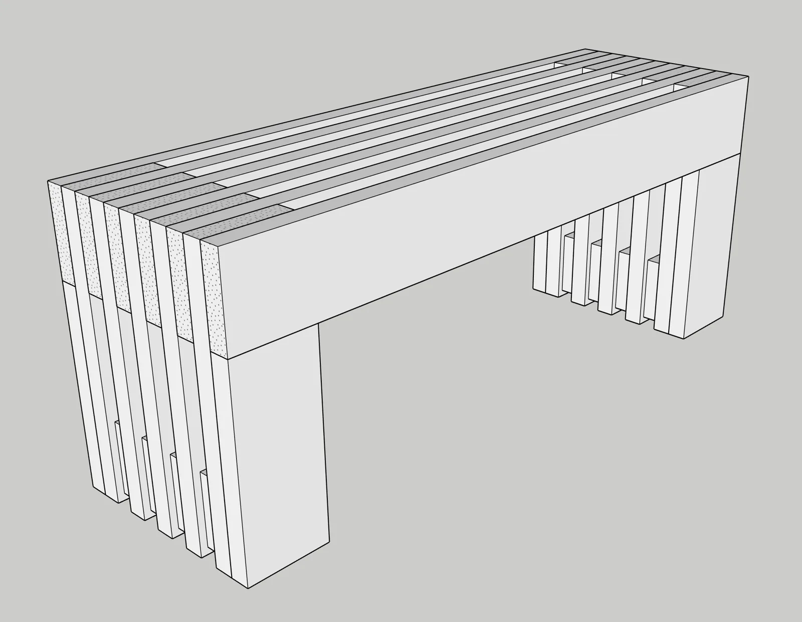 3D-tegning av ferdig hagebenk i trykkimpregnert terrassebord