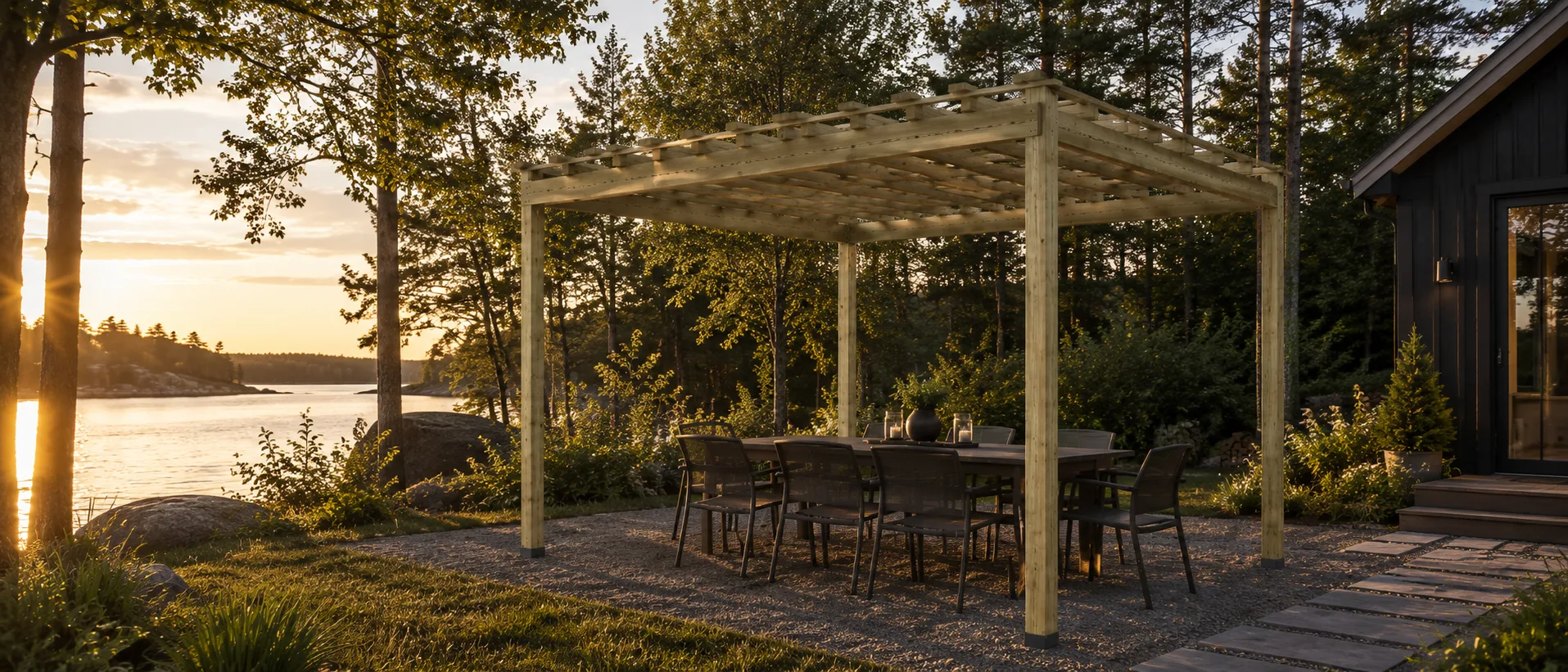 3D-rendering av pergola i kveldslys