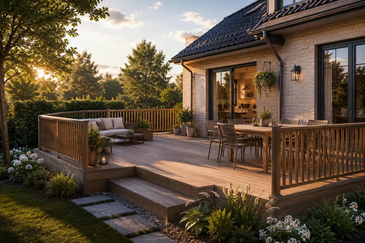 3D-rendering av terrasse med rekkverk