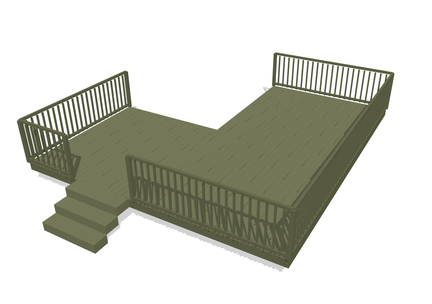 L-formet terrasse i tre med rekkverk og trapp, tegnet i Minios terrasseplanlegger