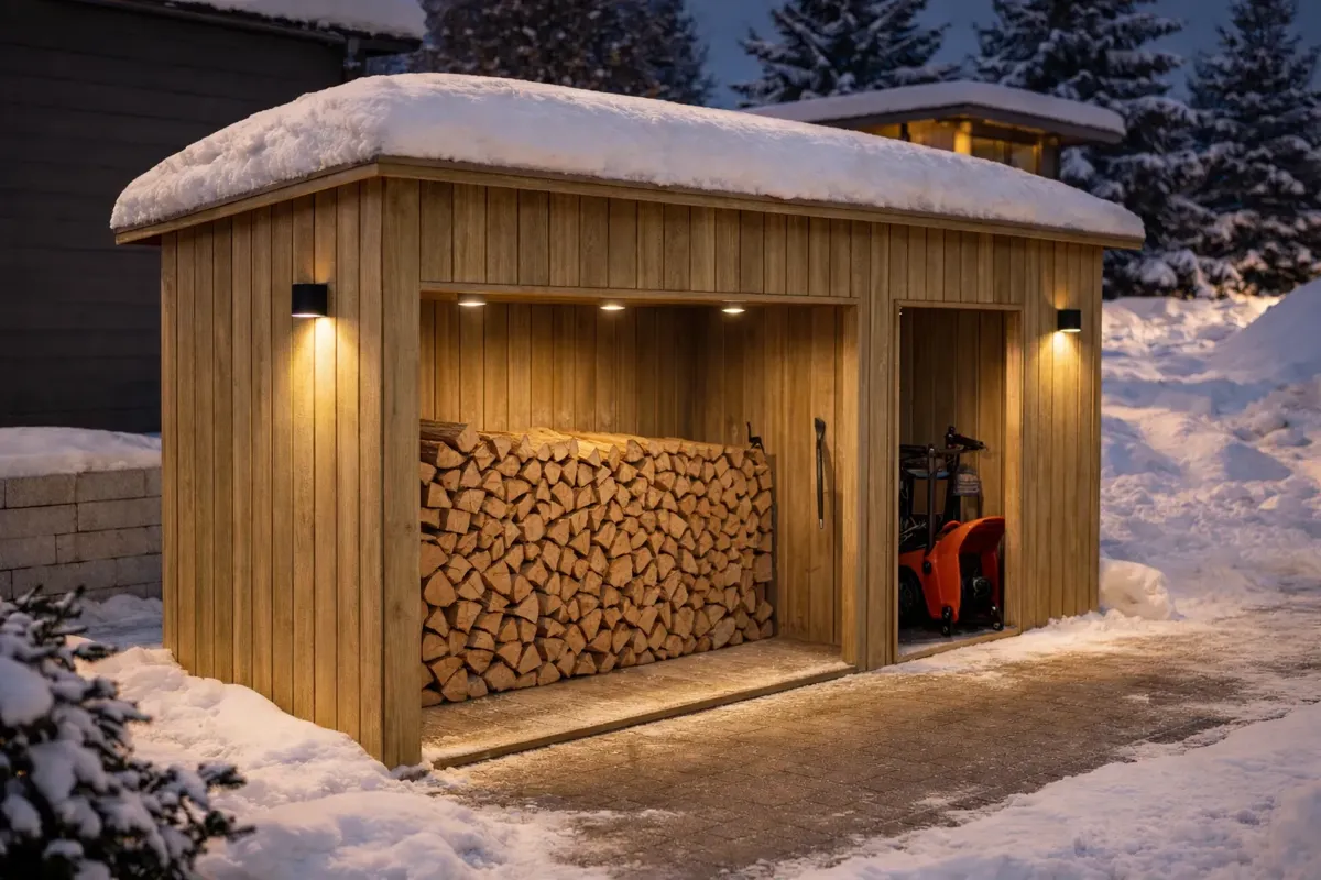 Vedskjul i tre med stablede vedkubber