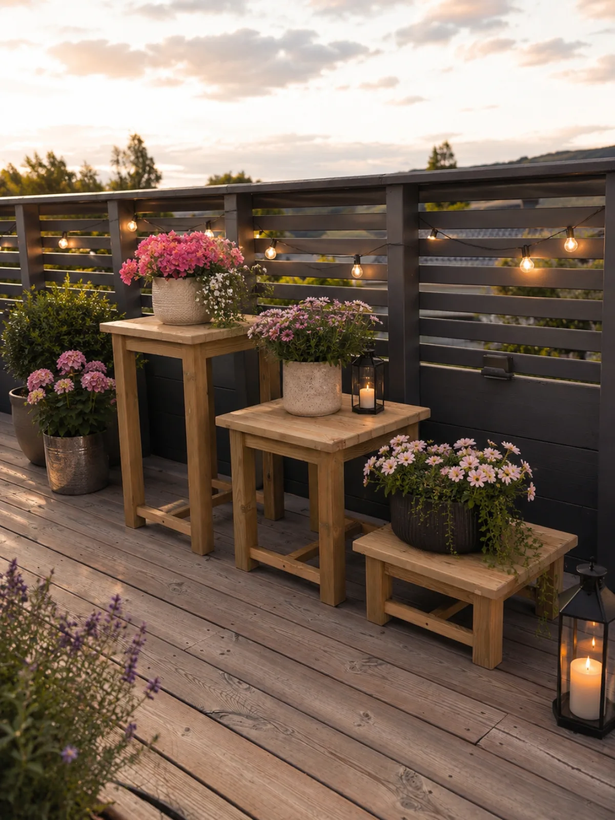 Tre pidestall krakker i tre med blomster i potter på terrasse i kveldslys