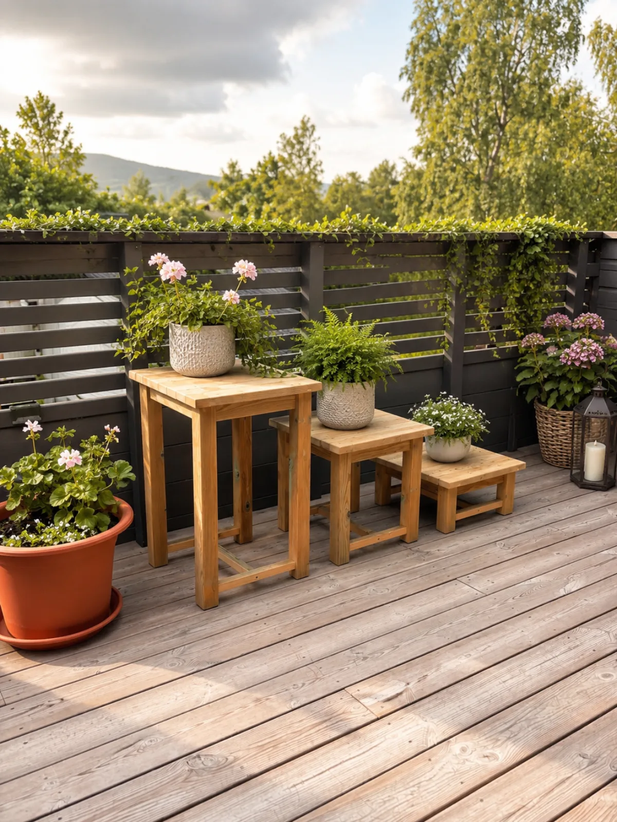 Pidestall krakker i tre med pelargonia og bregne på terrasse