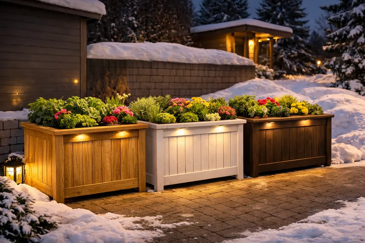 Plantekasse i tre med blomster og grønne planter