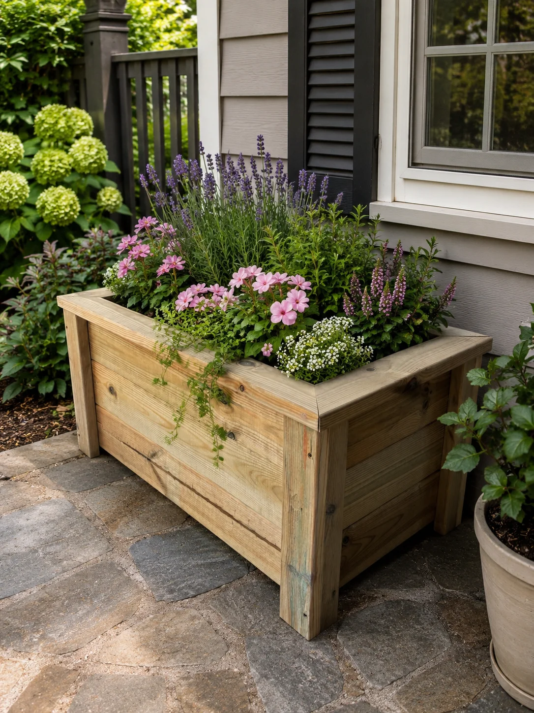 Plantekasse i tre med lavendel og rosa blomster på terrasse