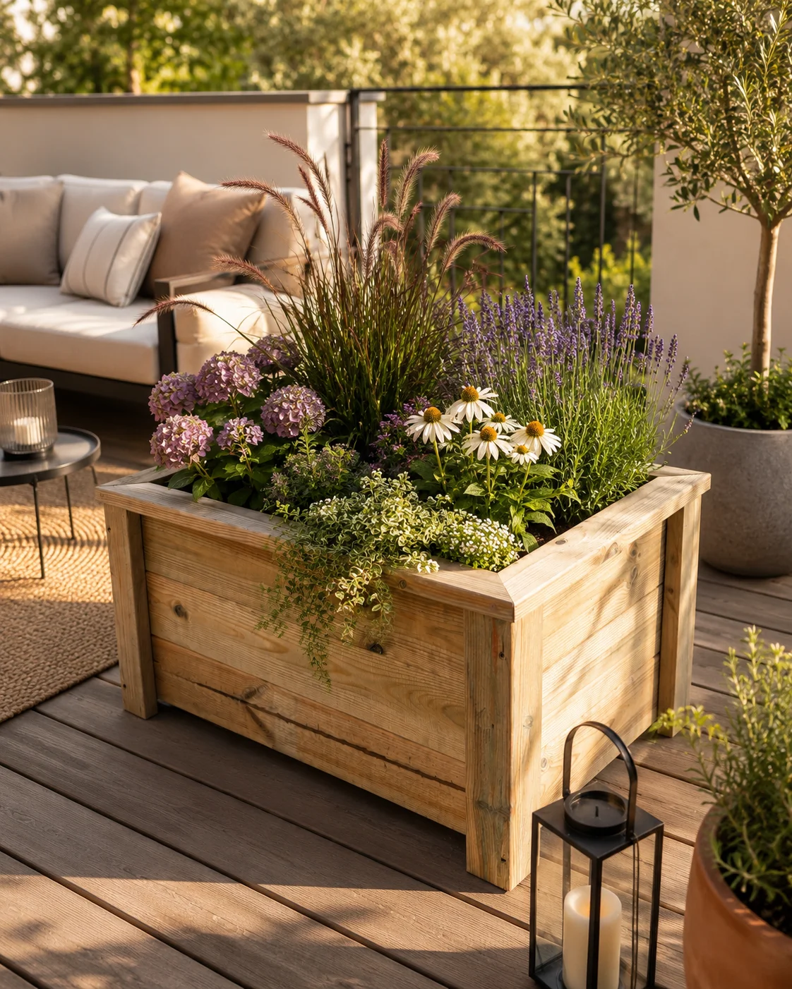 Plantekasse i tre med pyntegress og blomster på terrasse