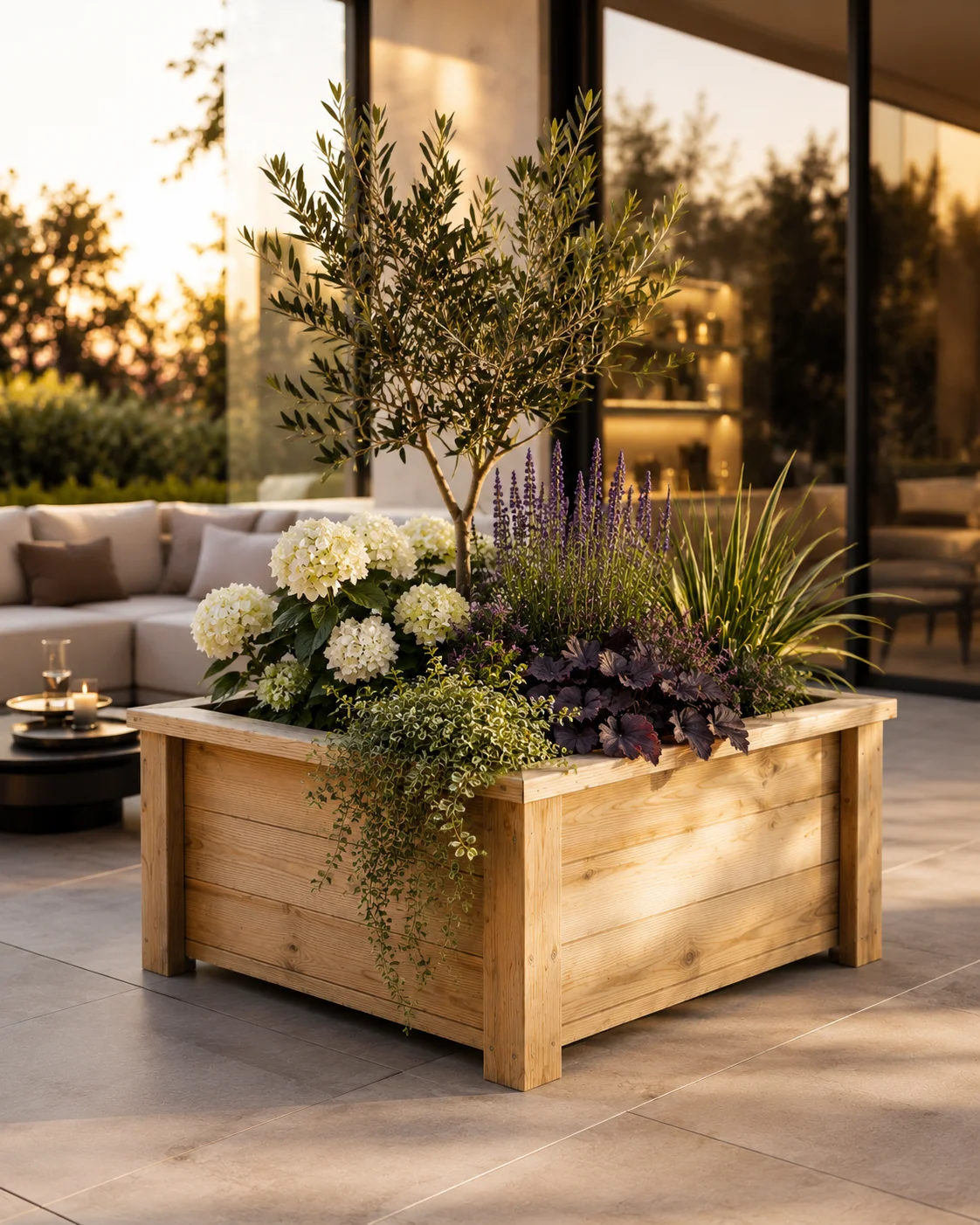 Plantekasse i tre med oliventre, hortensia og lavendel på terrasse i kveldslys
