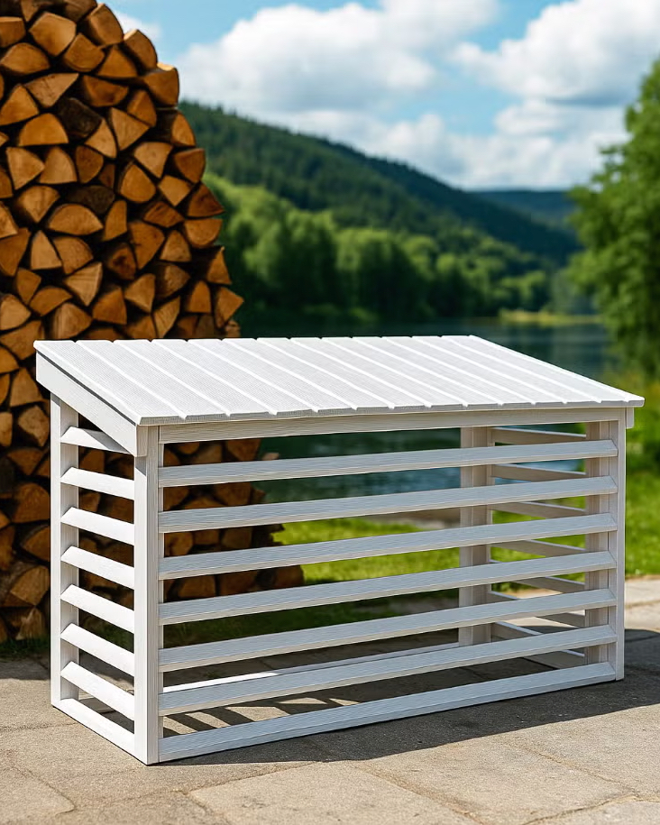 Detaljert varmepumpehus i naturlig tre som matcher husets stil